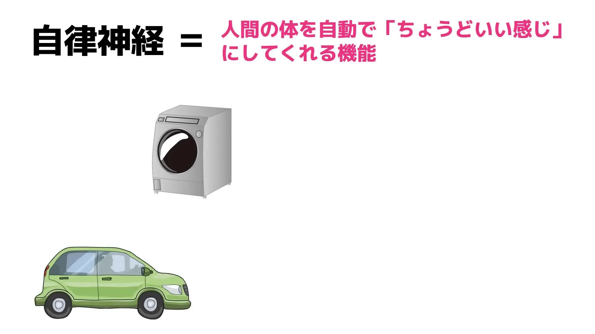 自律神経を洗濯機や自動車の自動運転に例えるイメージ